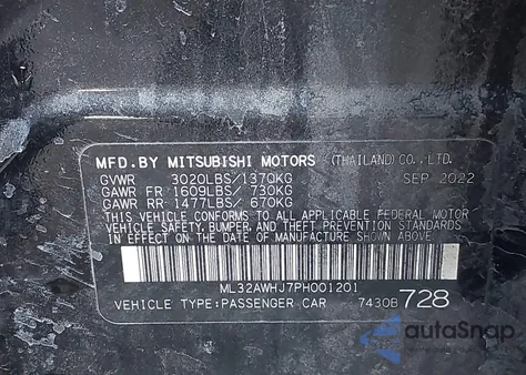 2023 Mitsubishi Mirage Black Edition/Ralliart/Se z USA, uszkodzony, nr VIN ML32AWHJ7PH001201